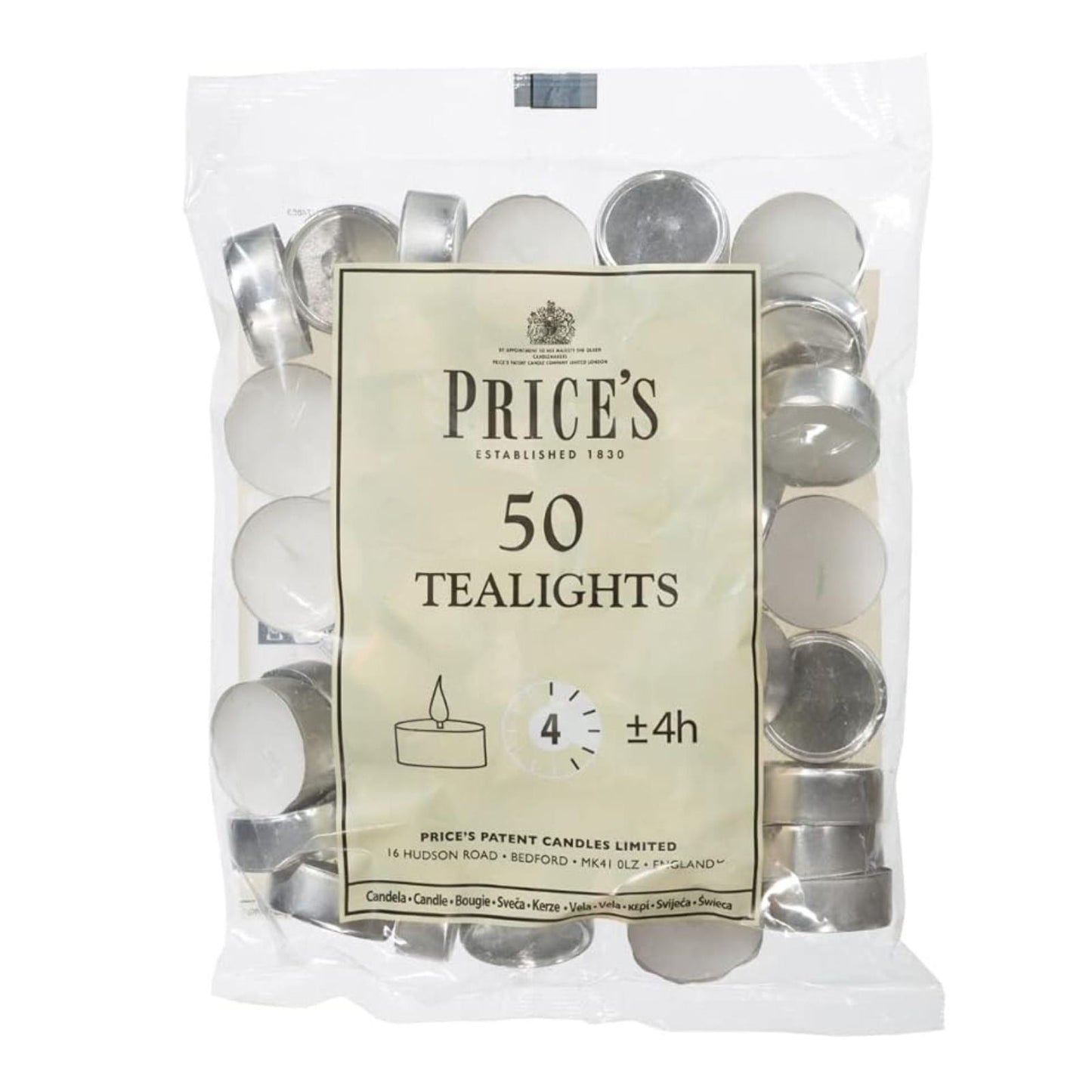Prices Patent Candles White Tealights Bag, Wax Unscented Pack of 50