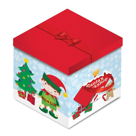 North Pole Christmas Square Gift Box Elf Xmas Eve with Ribbon and Handles